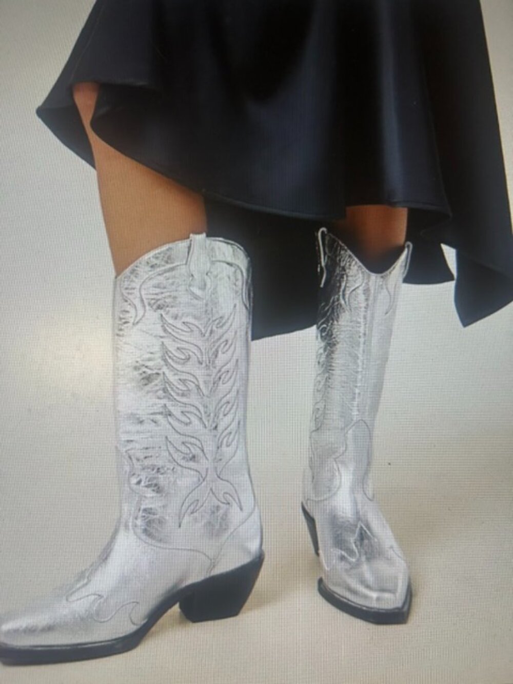 All Saints Dolly Metallic Silver Leather Lined Chunky Heel Western Leather Boots